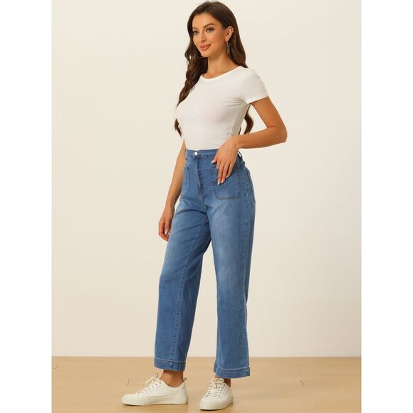 High Waisted Straight Leg Jeans Buttoned Loose Denim Pants Blue - Picture 4 of 6